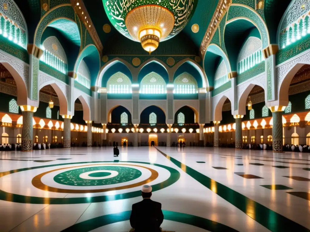 Un impresionante interior de la Gran Mezquita de La Meca, con arquitectura intrincada y caligrafía hermosa, mientras los peregrinos realizan sus rituales