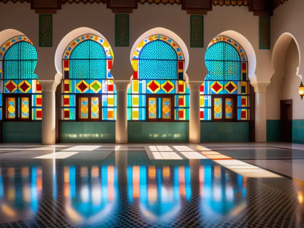 Impresionante interior de mezquita histórica, con diseños geométricos y luz natural