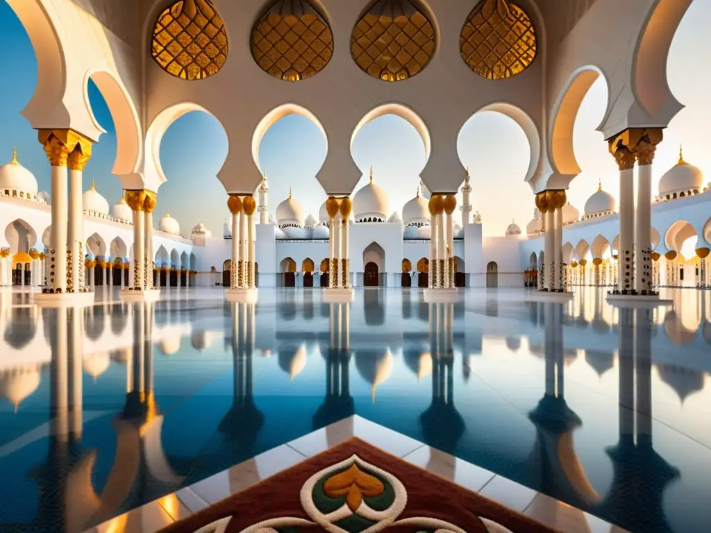 Un impresionante interior de la Mezquita Sheikh Zayed en Abu Dhabi, con detalles de mosaicos de mármol, candelabros ornamentados y una impresionante alfombra floral, iluminado por la cálida luz del sol