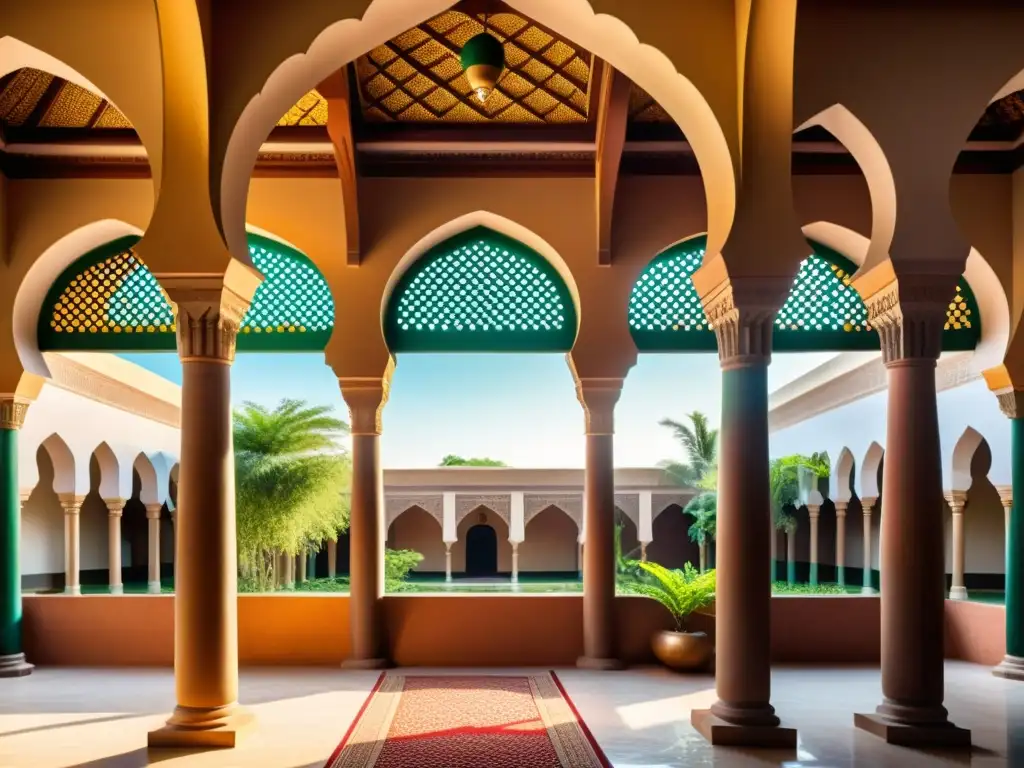 Una impresionante madrasa islámica en África, con detalles arquitectónicos intrincados y colores vibrantes, rodeada de exuberante vegetación y bañada por la cálida luz del sol