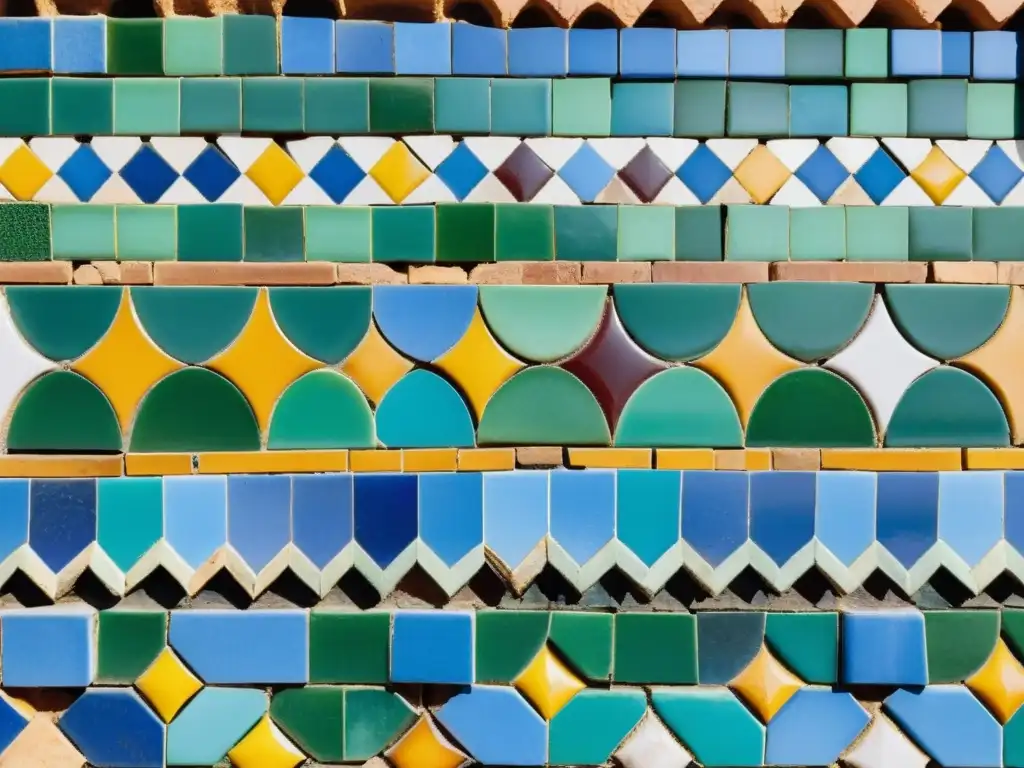 Un impresionante Zellige marroquí en arquitectura islámica: un mosaico de colores vibrantes reflejando la luz del sol, creando una belleza atemporal