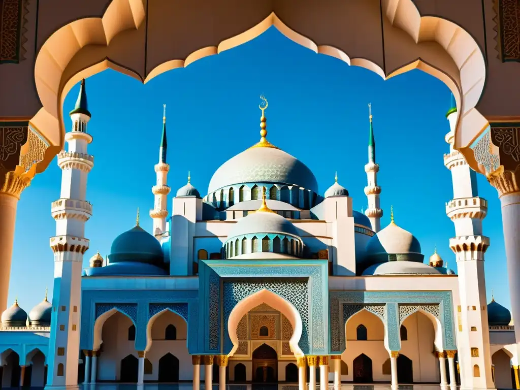 Una impresionante mezquita con detalles geométricos vibrantes y colores exquisitos, bajo el cielo azul