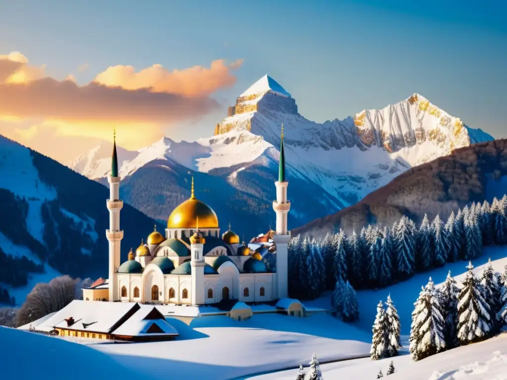 Una impresionante mezquita en las montañas nevadas de Europa del Este, bañada por la cálida luz dorada del atardecer