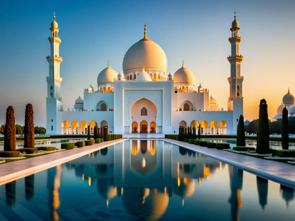 Fotografía impresionante de la Mezquita Sheikh Zayed al atardecer, resaltando la belleza de la arquitectura islámica contemporánea