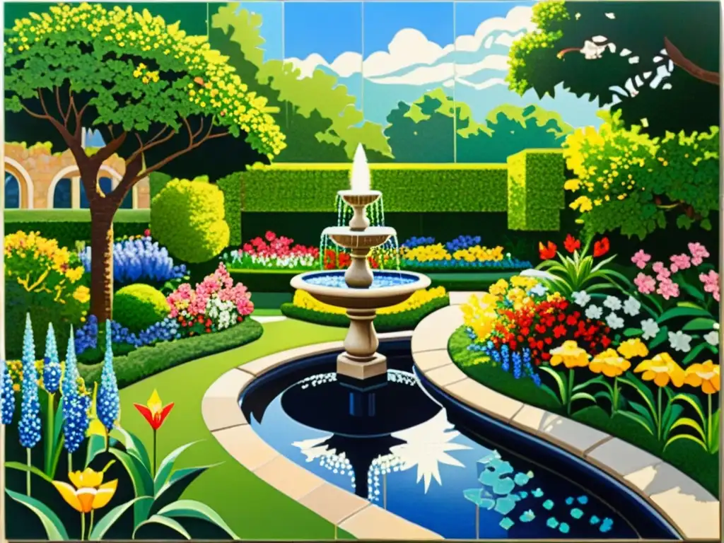 Un impresionante mosaico que representa un exuberante jardín lleno de flores, senderos y fuentes de agua, con reflejos de luz y sombra