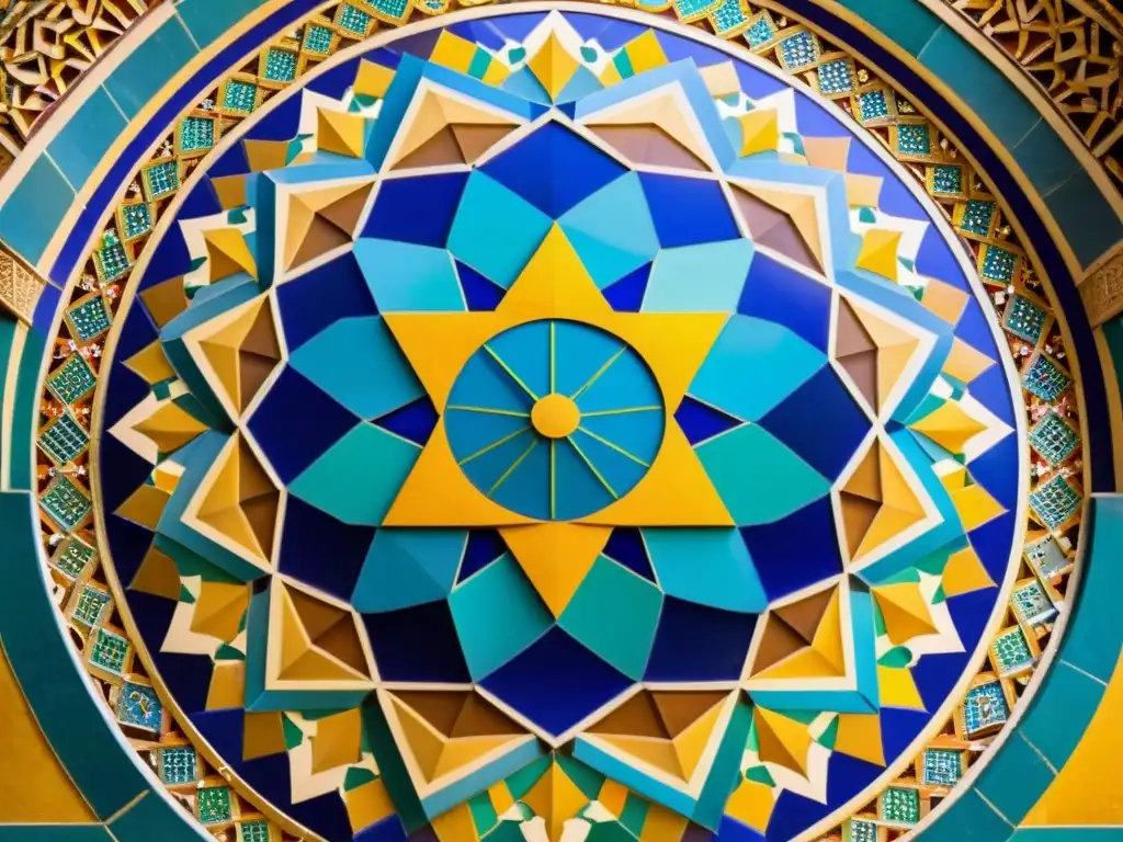 Un impresionante mosaico en la Gran Mezquita de Córdoba, muestra un intrincado patrón de formas geométricas y colores vibrantes, destacando el desarrollo de la shari'a islámica