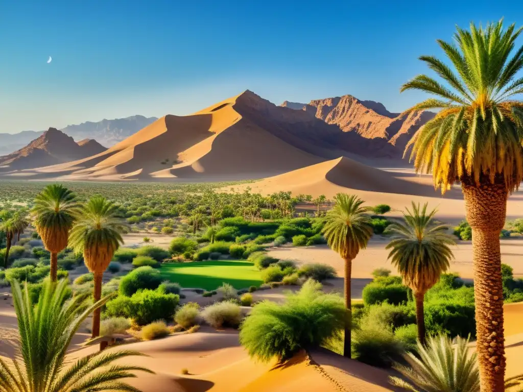 Un impresionante oasis en un desierto islámico, con montañas, cielo azul y exuberante vegetación