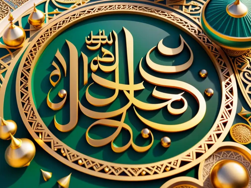 Una impresionante obra de caligrafía árabe con intrincados diseños y colores vibrantes que muestra versos del Corán