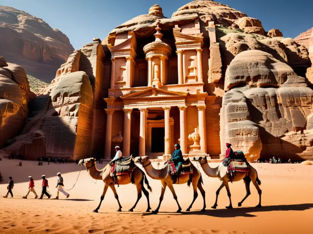 Maravilla de Petra: ciudad antigua en el desierto Un impresionante paisaje de Petra en Jordania, con detalles detallados en las estructuras de piedra y una caravana de camellos en el desierto