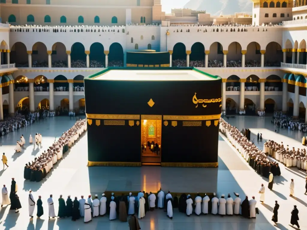 Un impresionante panorama de peregrinos alrededor de la Kaaba en La Meca, con detalles vibrantes y una atmósfera serena de devoción