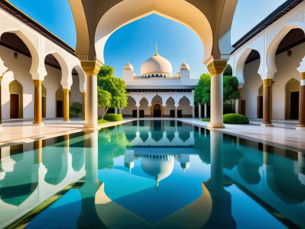 Un impresionante patio de mezquita con espejos de agua, arquitectura islámica y un ambiente sereno que invita a la contemplación espiritual