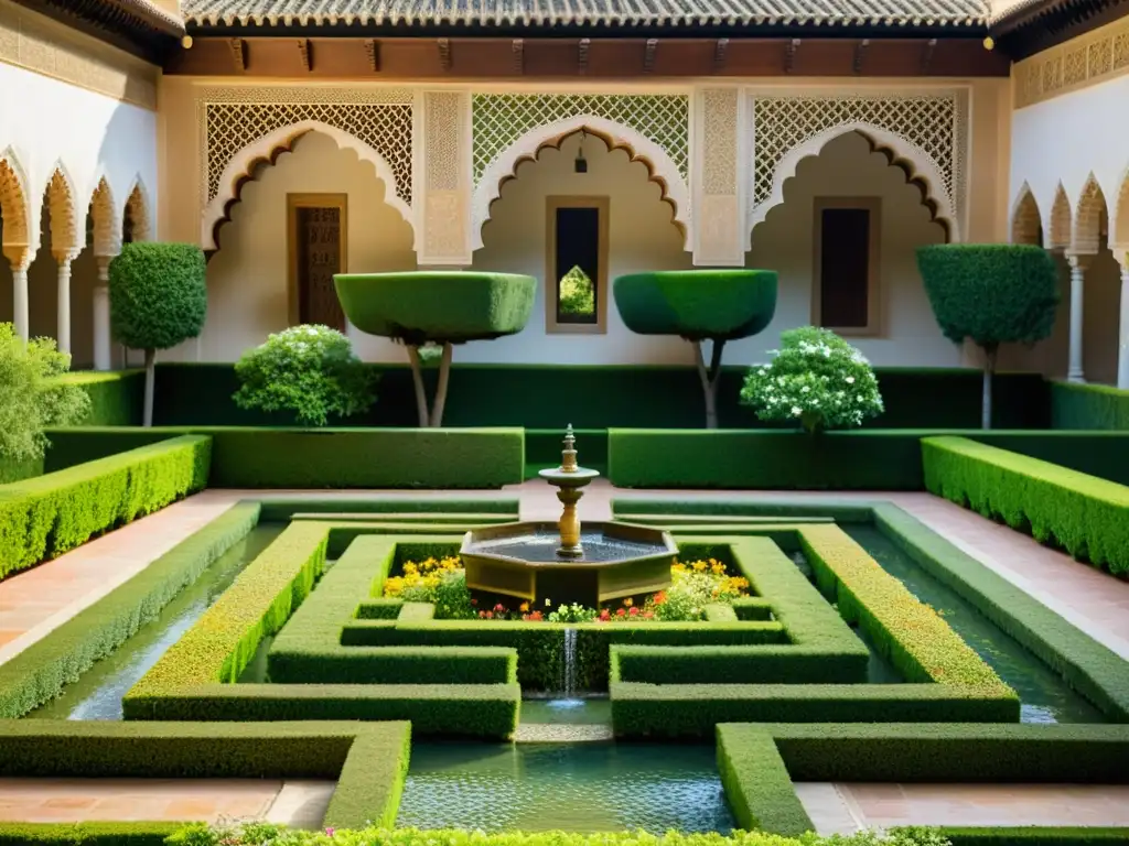 Un impresionante jardín de la Alhambra: patrones geométricos, exuberante vegetación, flores coloridas, arquitectura islámica y reflejos serenos