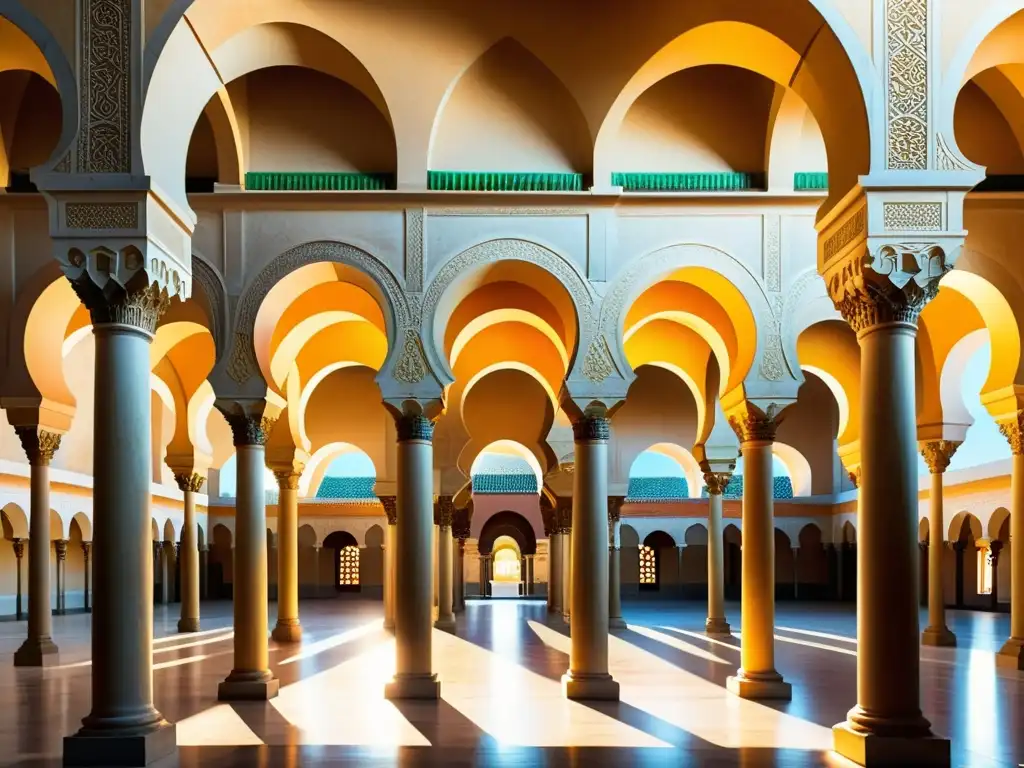 Una impresionante pintura digital fotorrealista de la Mezquita-Catedral de Córdoba, mostrando los arcos de herradura, patrones geométricos y la cálida luz solar entre las columnas