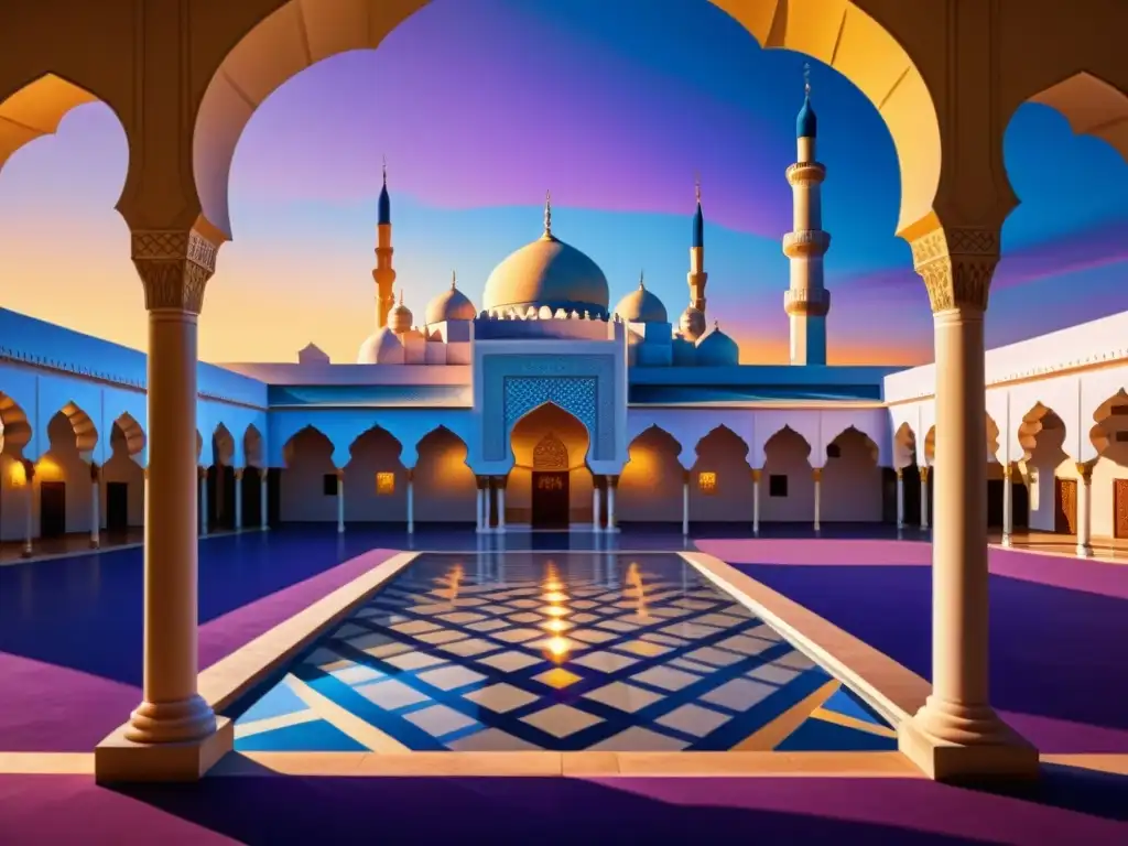 Una impresionante pintura hiperrealista de un patio de mezquita al atardecer, con patrones geométricos adornando la arquitectura e iluminando la escena