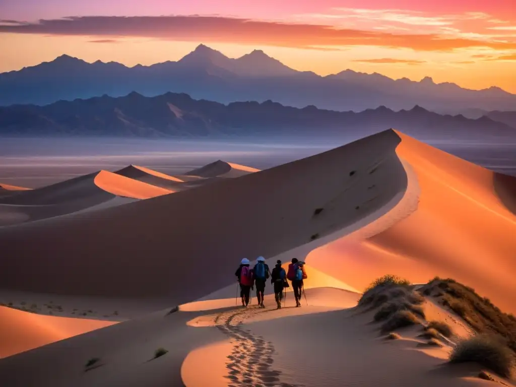 Peregrinación en Arabia Saudí Islam: Impresionante puesta de sol en el desierto con peregrinos caminando entre las dunas al atardecer