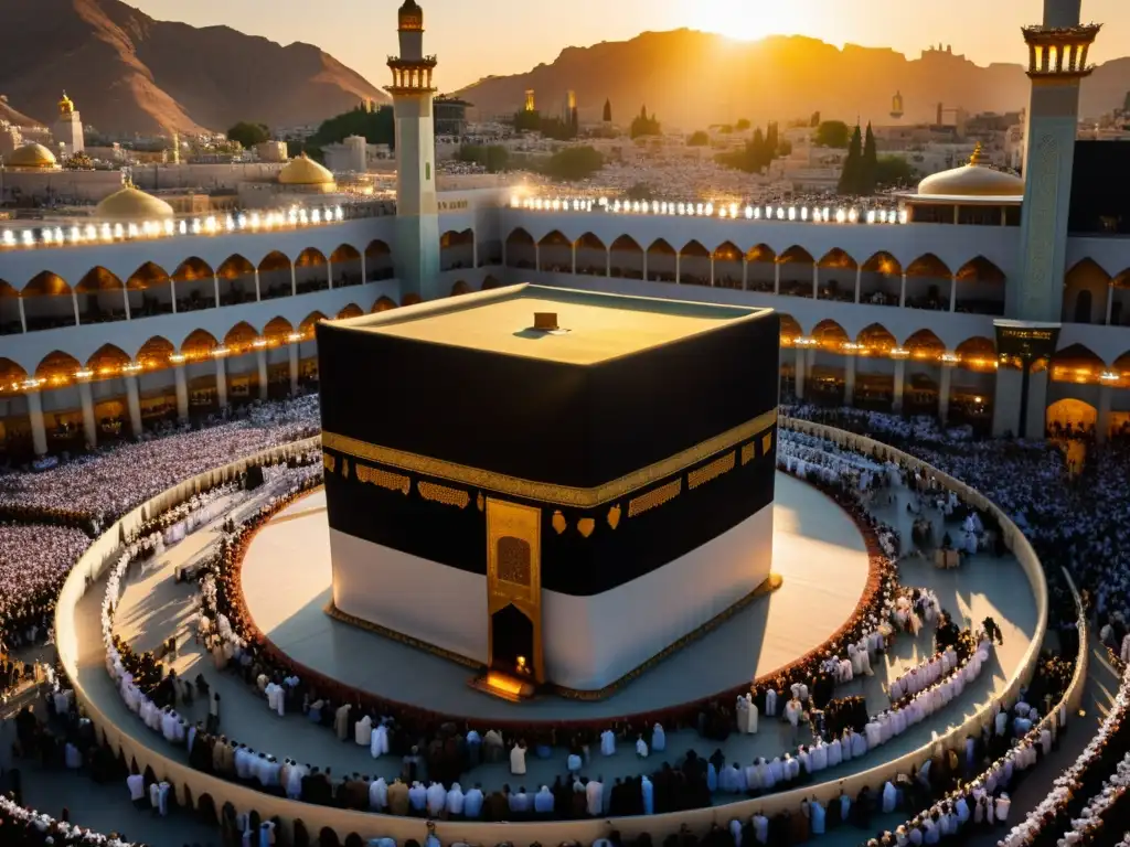 Impresionante puesta de sol sobre la Kaaba en Meca, con peregrinos rezando, evocando la experiencia transformadora del Hajj