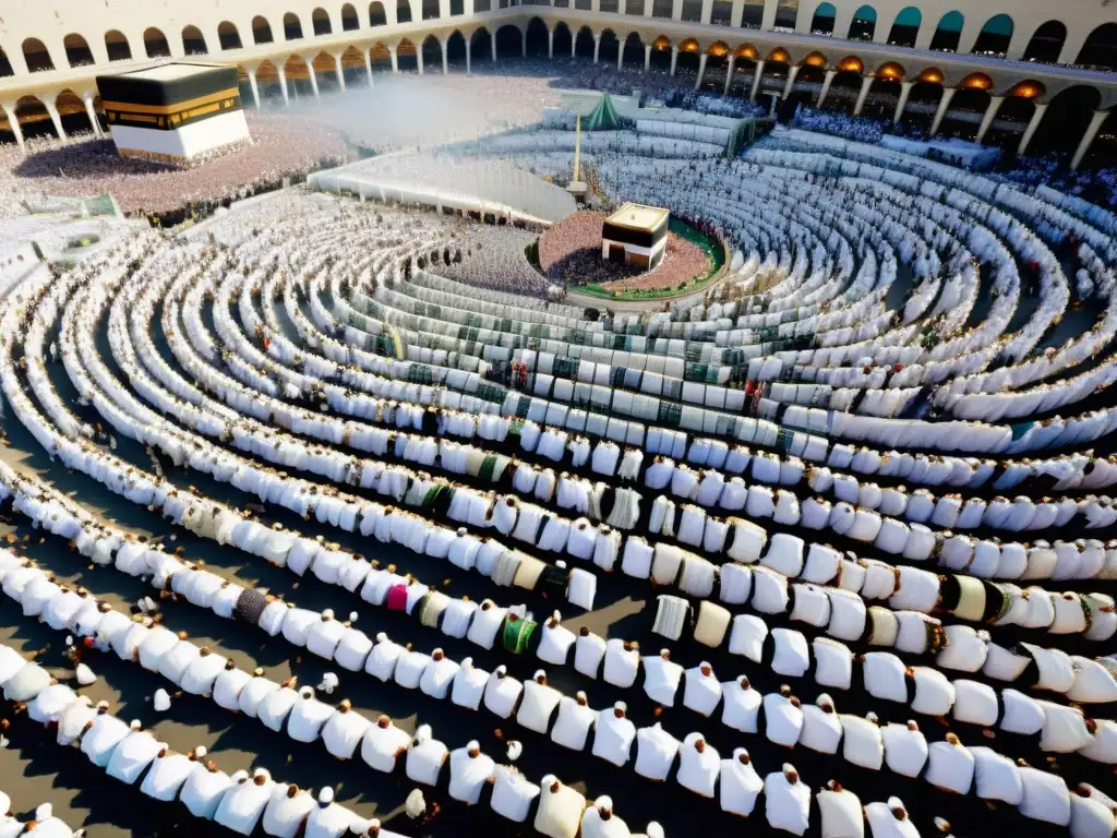 Una impresionante representación detallada y realista del bullicioso y vasto espacio de la peregrinación Hajj en La Meca, con tiendas blancas vibrantes en filas ordenadas, rodeadas por multitudes de peregrinos en un baile armonioso alrededor de la Kaaba