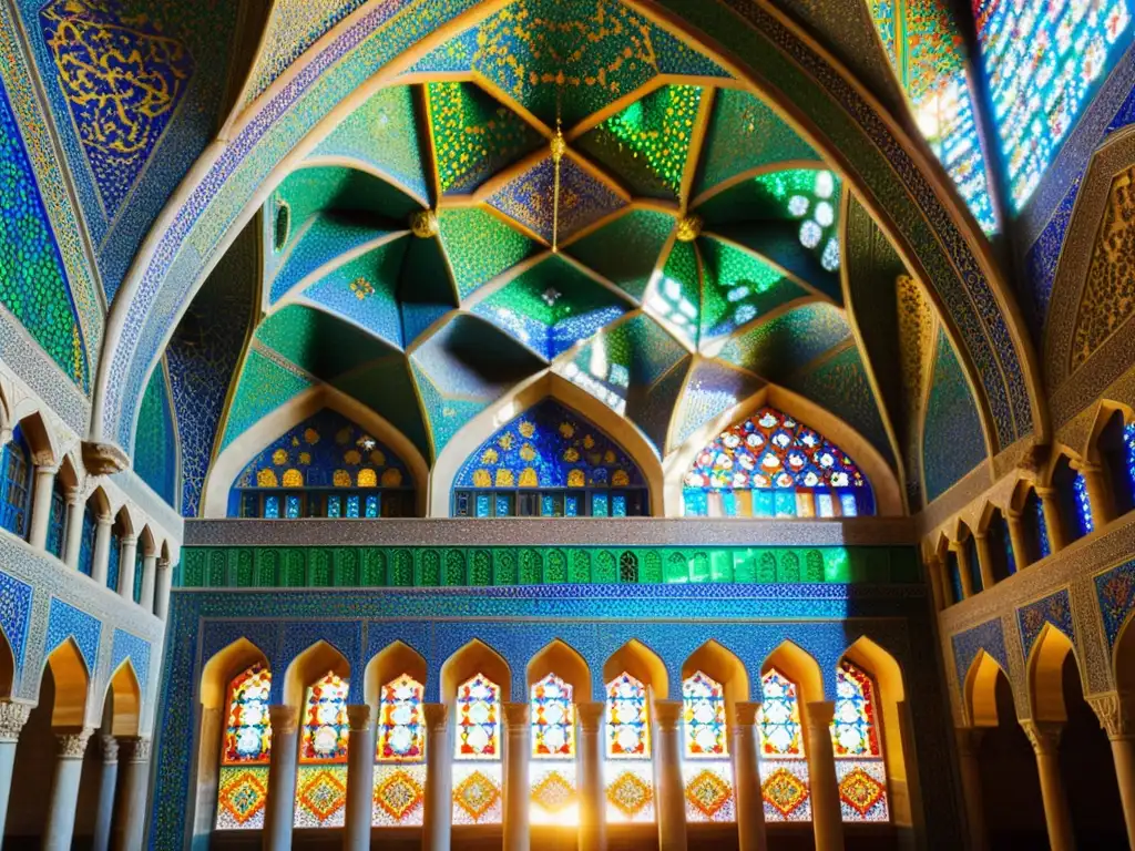 La impresionante Nasir alMulk Mosque en Shiraz, Irán, muestra la restauración arquitectónica del legado islámico con intrincados diseños geométricos y mosaicos coloridos, bañados por la luz del sol a través de sus ventanas de vidrio coloreado