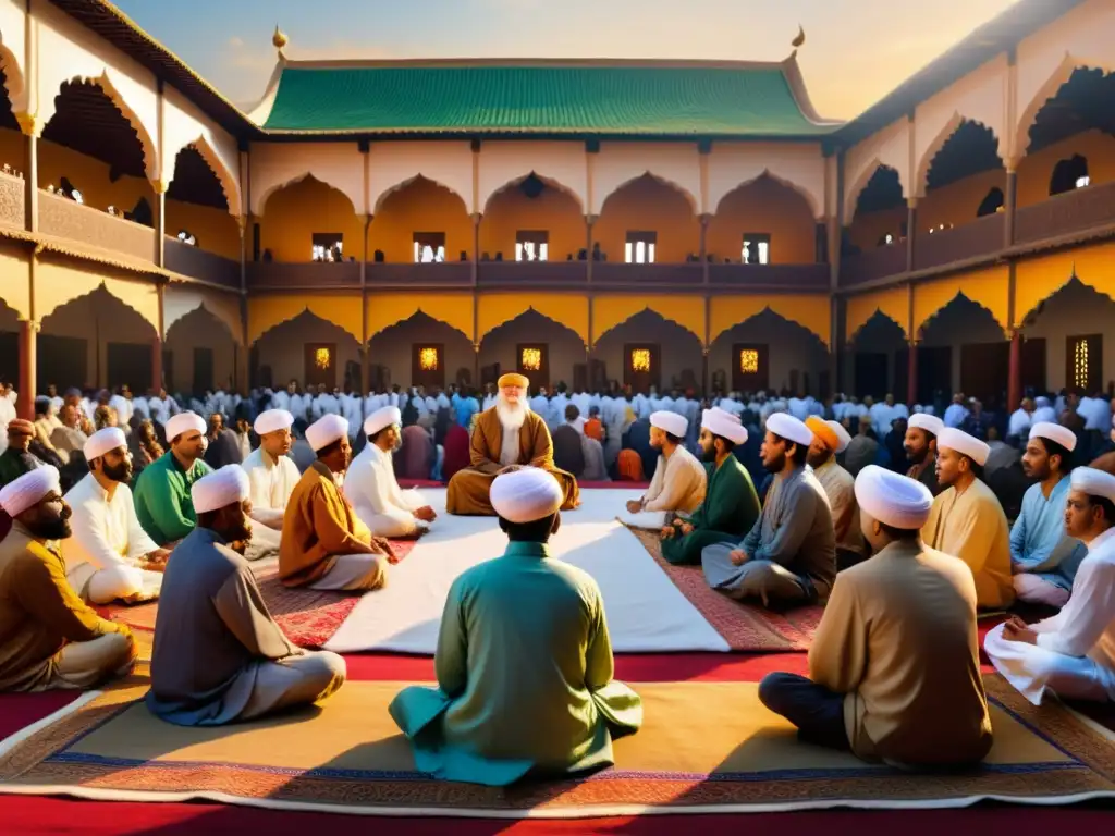 Una impresionante reunión contemporánea de sufíes en un bullicioso mercado, irradiando espiritualidad y riqueza cultural