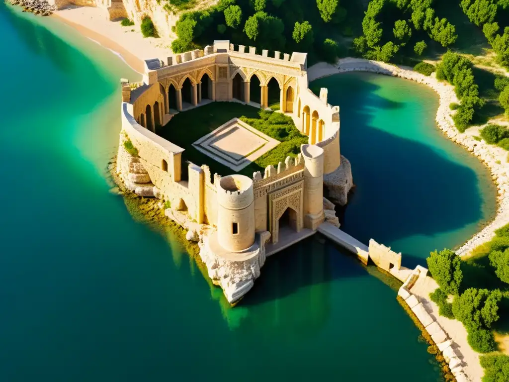 Una impresionante vista de las ruinas del complejo del Palacio Ziyarid, con detallados relieves y ornamentos, sobre el telón de fondo del Mar Caspio