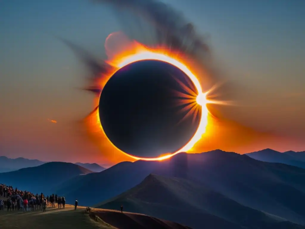 Increíble interpretación de un eclipse solar total, con la luna alineada frente al sol, creando una corona de luz