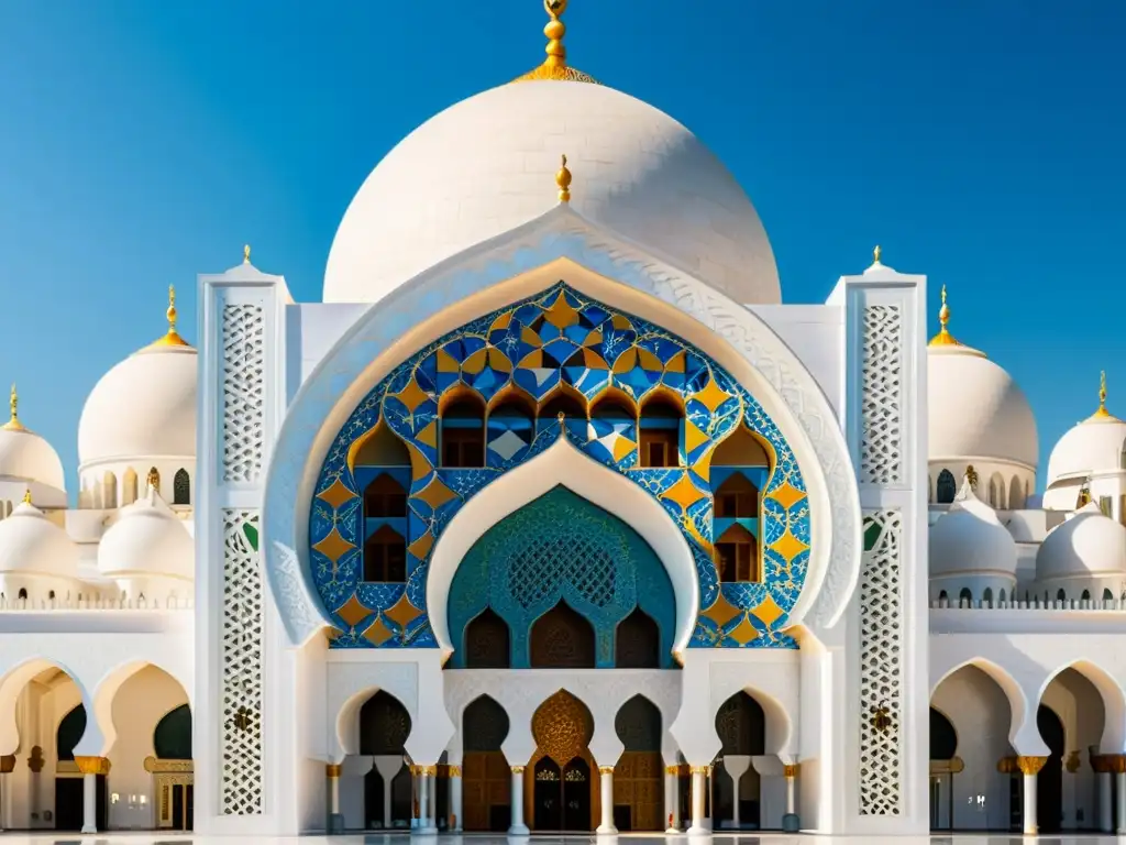 Increíble imagen de los detallados patrones geométricos y azulejos coloridos de la fachada de la Mezquita Sheikh Zayed en Abu Dabi