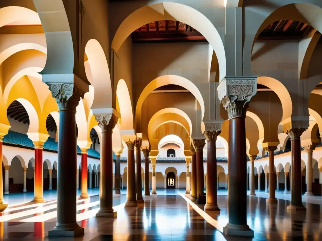 Increíble imagen fotorealista de la Gran Mezquita de Córdoba, resaltando sus arcos dobles, arcos de herradura y columnas rayadas en rojo y blanco