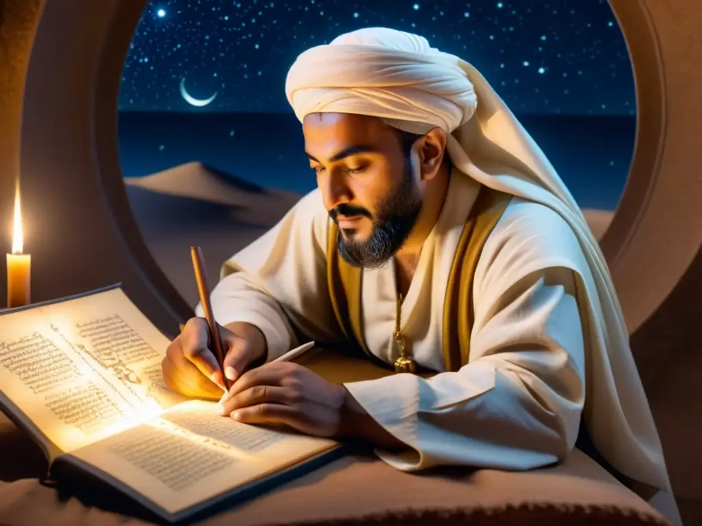 Increíble imagen fotorealista de Ibn alShatir elaborando un mapa estelar, rodeado de instrumentos astronómicos e observaciones