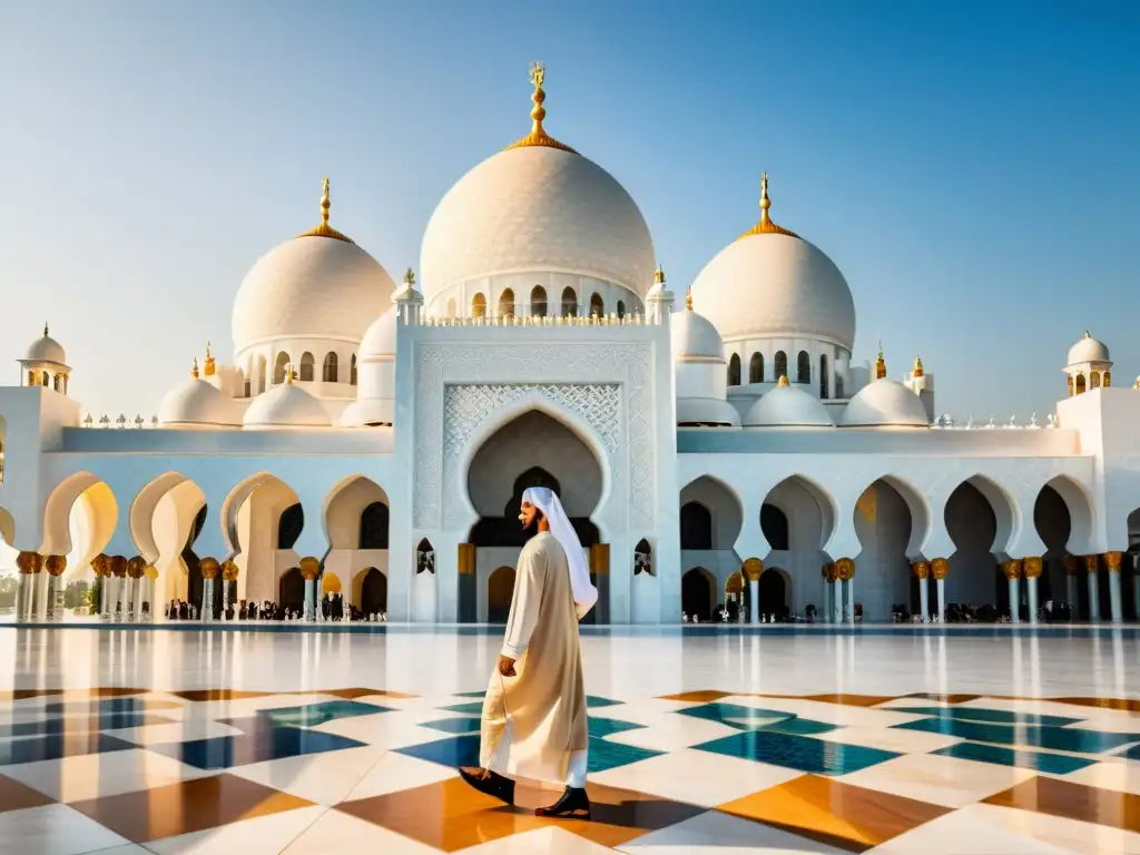 Increíble influencia de la arquitectura islámica moderna en la majestuosa mezquita de Sheikh Zayed, con patrones geométricos y mosaicos coloridos bajo la cálida luz del sol