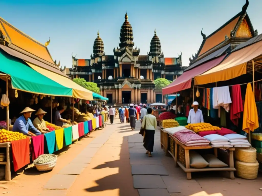 Influencia árabe en Camboya: Mercado vibrante con textiles coloridos, locales regateando y detalles arquitectónicos de una mezquita al fondo