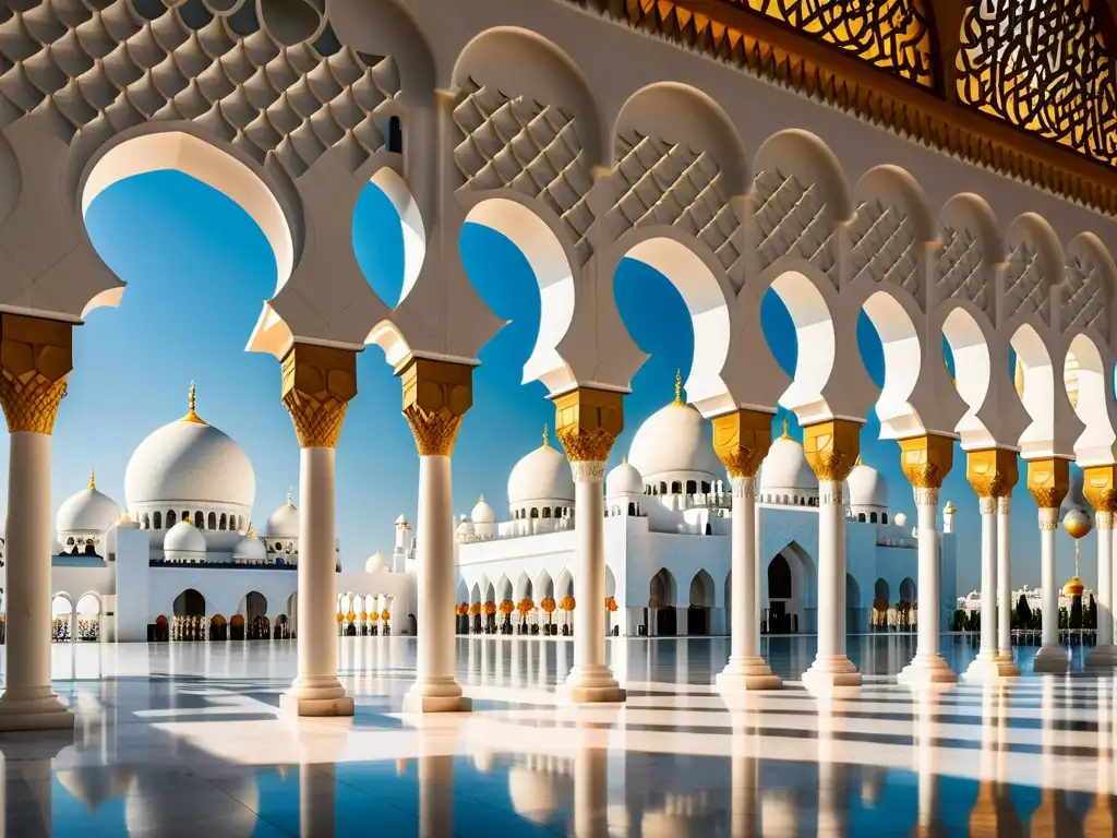 La influencia de la arquitectura islámica moderna se aprecia en los patrones geométricos y diseños árabes de la Gran Mezquita Sheikh Zayed en Abu Dabi