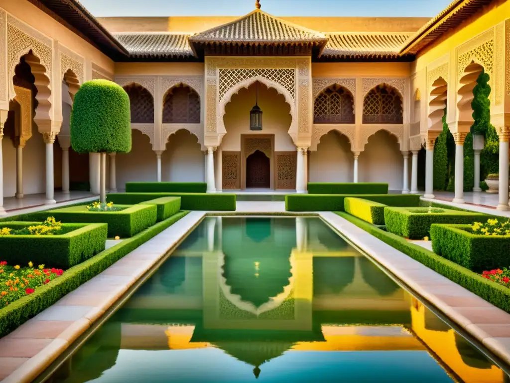 Influencia del arte islámico en Occidente: Imagen fotorrealista de la Alhambra al atardecer, con sus patrones geométricos islámicos, arcos ornamentados y exuberantes jardines