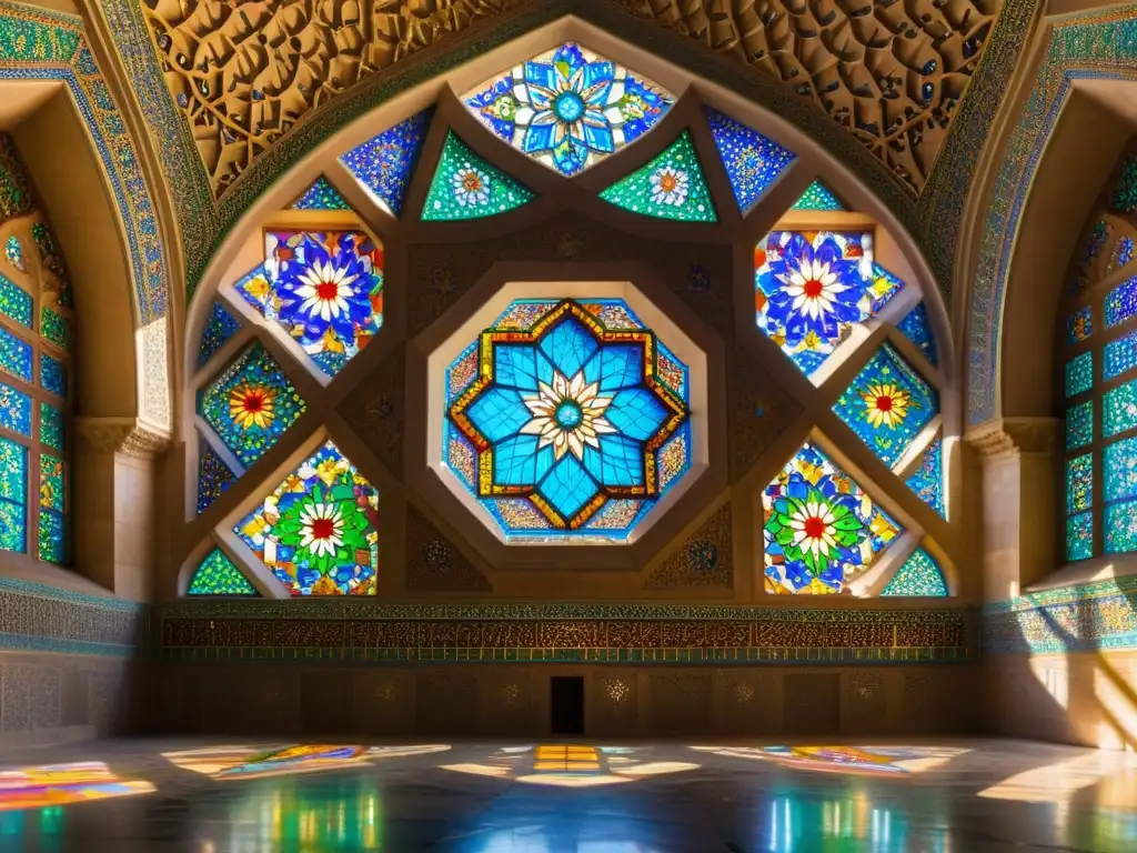 Ceiling of the Nasir alMulk Mosque en Shiraz, Irán, muestra la influencia de la astrología en la vida islámica con patrones geométricos y luz solar