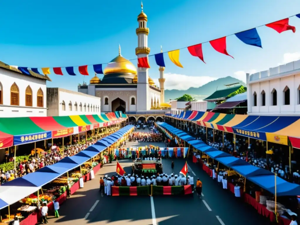 Influencia cultural del Islam en Filipinas: Escena animada de celebración islámica en una bulliciosa calle filipina, con banderas y gente