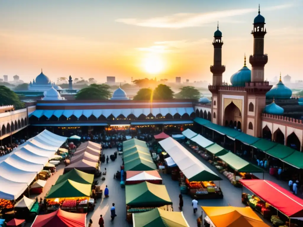 Influencia cultural del Corán en Sudeste Asiático: Mercado vibrante con mezquitas y minaretes, textiles coloridos y bullicio de comerciantes