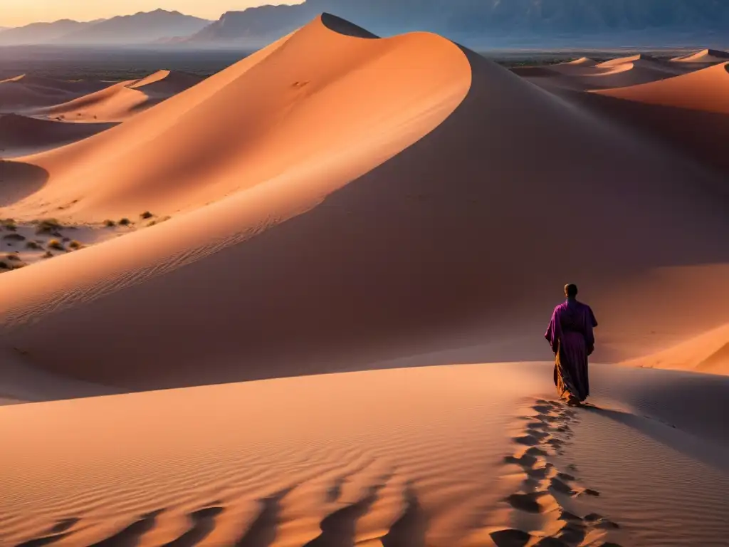 Influencia de la poesía sufí: Figura solitaria en el paisaje desértico al atardecer, bajo un cielo de colores cálidos y sombras largas