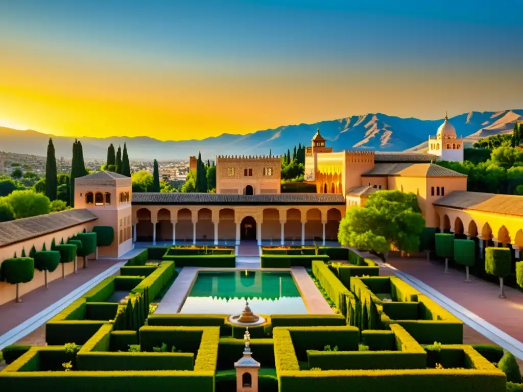 La influencia del Islam en España: Imagen vibrante de la Alhambra al atardecer, reflejando su arquitectura islámica y la serenidad del lugar