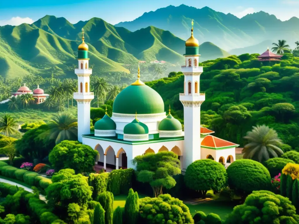 Influencia del Islam en Sudeste Asiático: Una mezquita histórica se alza entre exuberante vegetación, con arquitectura islámica y paisaje sereno