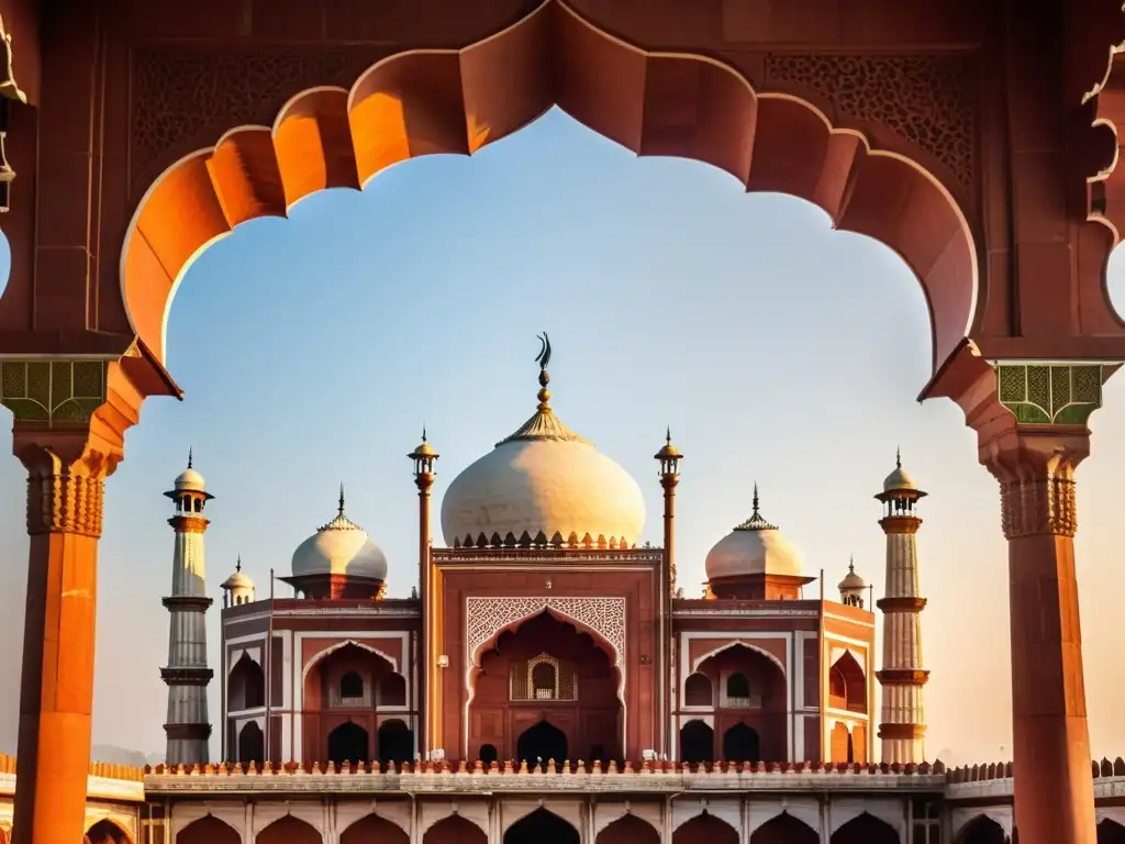 Influencia islámica en la arquitectura de la India: detallada representación de la icónica Jama Masjid bañada por la cálida luz del atardecer, destacando sus minaretes, cúpulas y motivos florales