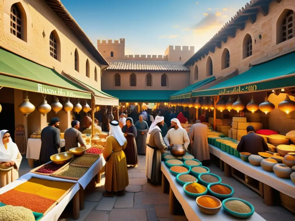 Influencia poesía islámica Occidente: Mercado medieval vibrante en Al-Andalus con colores, especias y poesía bajo el cálido sol