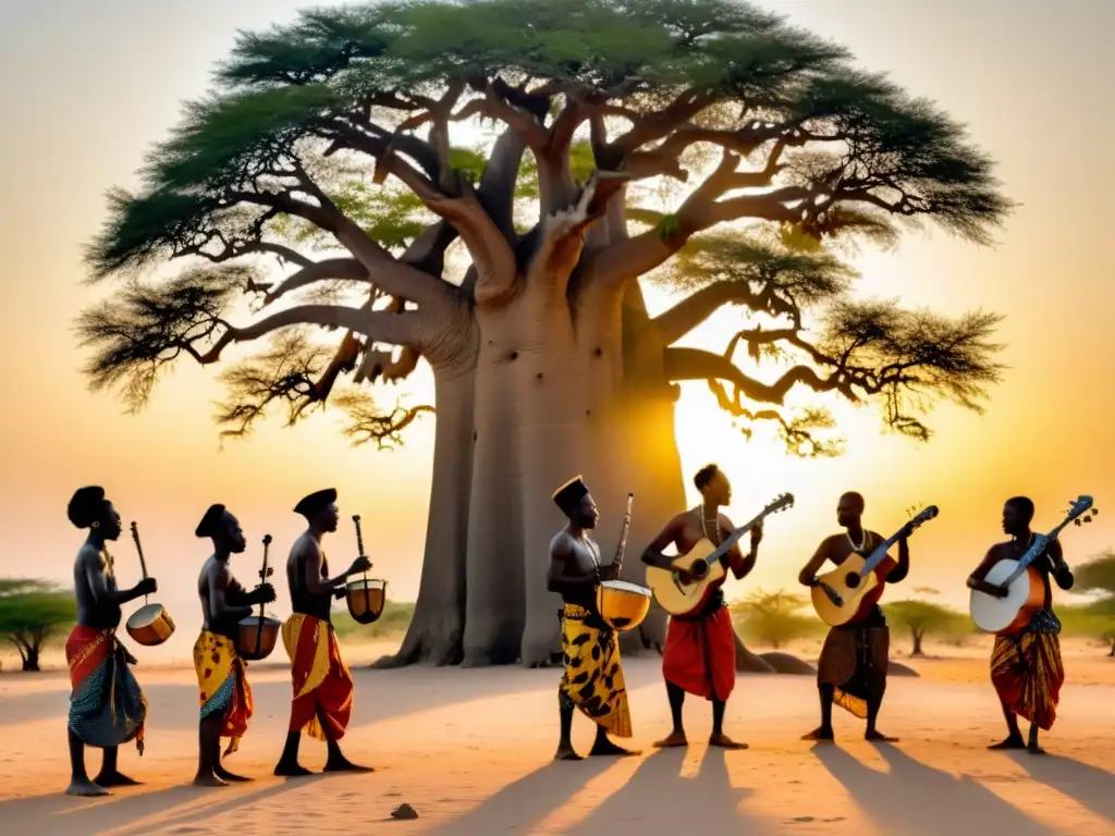 Influencia islámica en la música africana occidental: Músicos africanos tocando bajo un baobab al atardecer, con la silueta de una mezquita al fondo