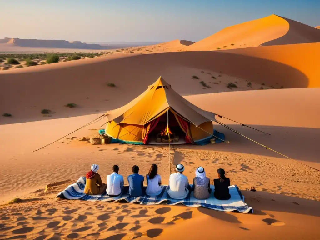 Influencia literatura beduina en mundo islámico: Tienda beduina en el desierto dorado, hombres y mujeres comparten historias alrededor de la fogata