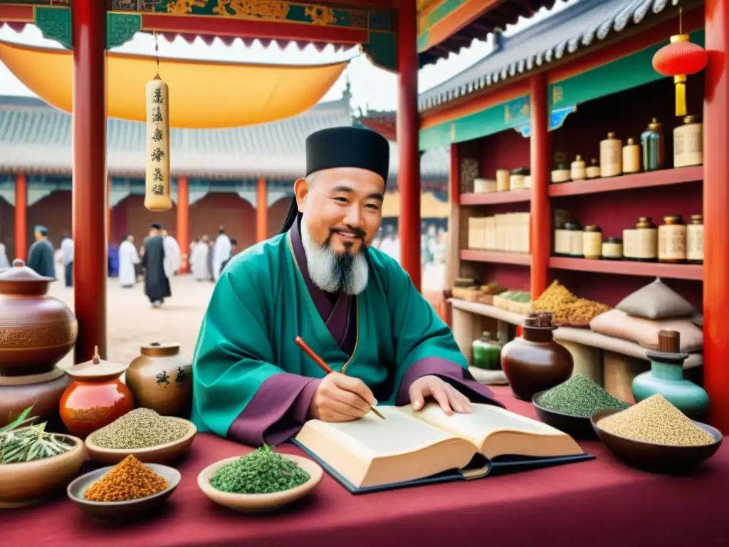 Influencia de la medicina islámica en prácticas curativas: erudito rodeado de herbolarios chinos, intercambiando conocimientos en bullicioso mercado