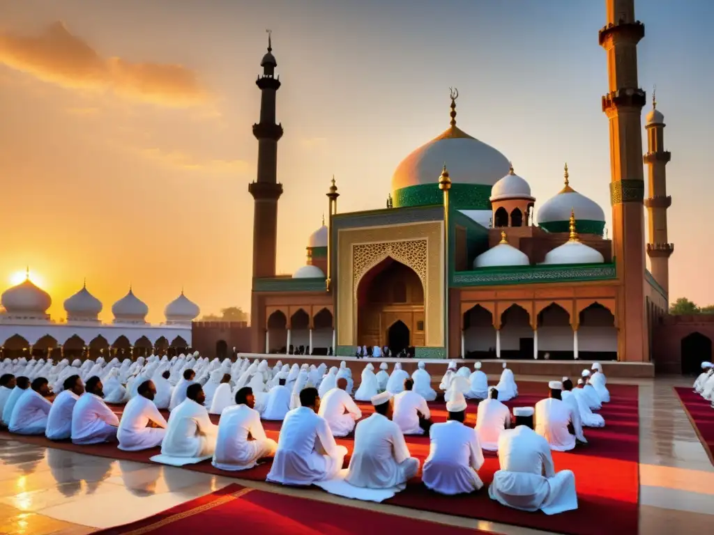 Influencia del misticismo islámico: Reunión Sufi al atardecer en una mezquita antigua, con derviches danzando en el resplandor dorado del sol