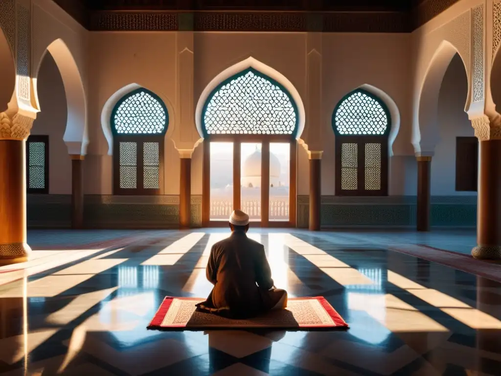 Influencia del misticismo islámico: Hermosa imagen de un tranquilo patio de mezquita con patrones geométricos y una atmósfera serena y contemplativa