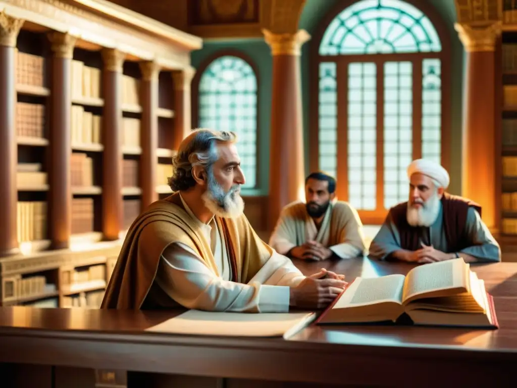 Influencia del pensamiento griego en eruditos musulmanes: Antigua escena de intercambio intelectual en una biblioteca ricamente decorada