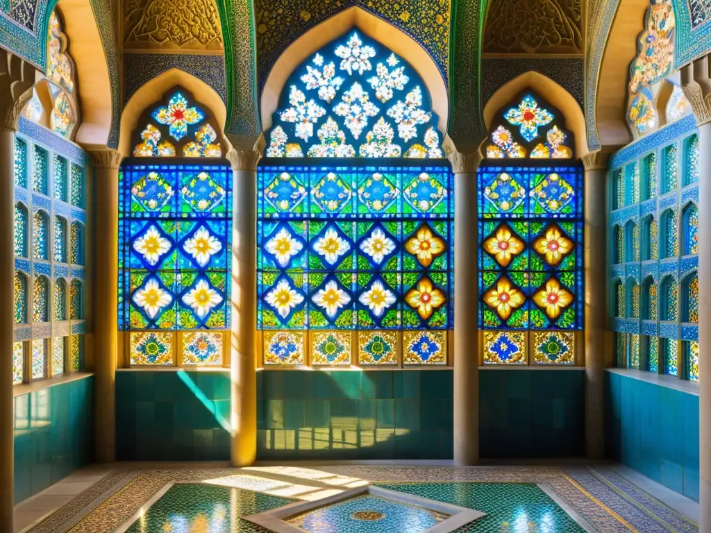 La influencia persa en arquitectura islámica se plasma en los deslumbrantes azulejos y diseños florales de la Mezquita Nasir al-Mulk en Shiraz, Irán