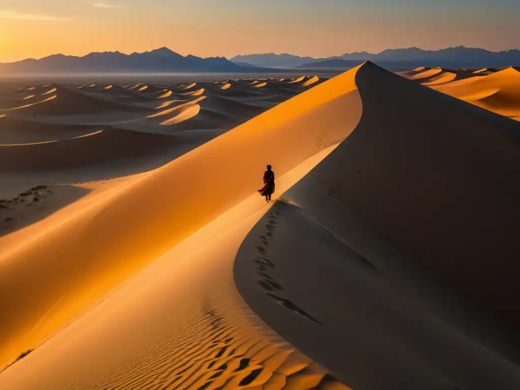 Influencia de la poesía preislámica: Un poeta recita con pasión en un desierto dorado al atardecer, evocando la influencia atemporal de la poesía