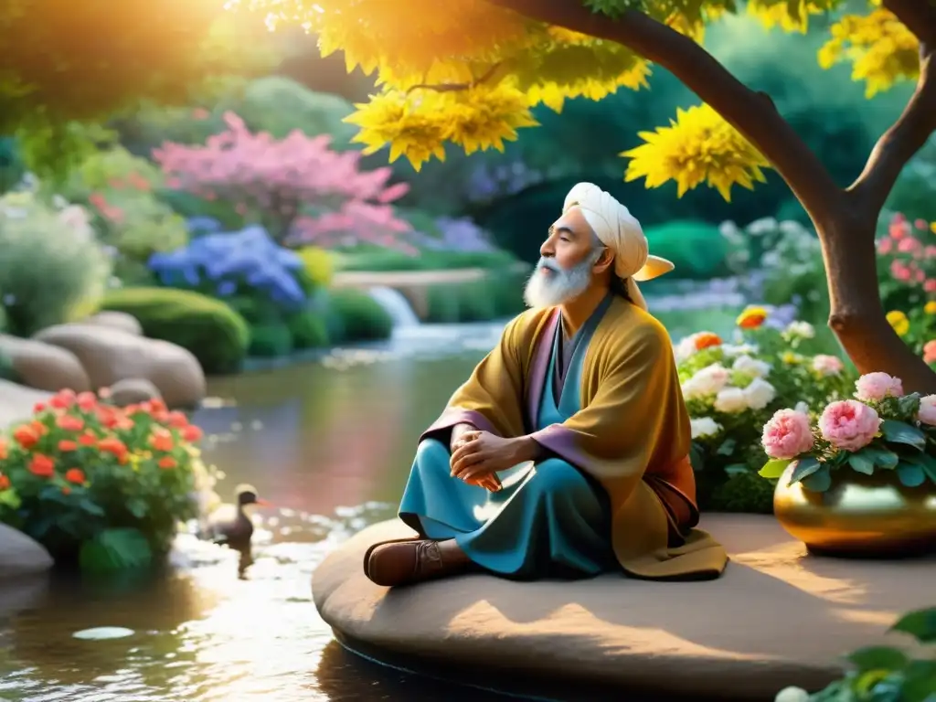 Influencia de Rumi en el mundo islámico: Rumi en contemplación, rodeado de exuberantes jardines y un río sereno, irradiando sabiduría y serenidad