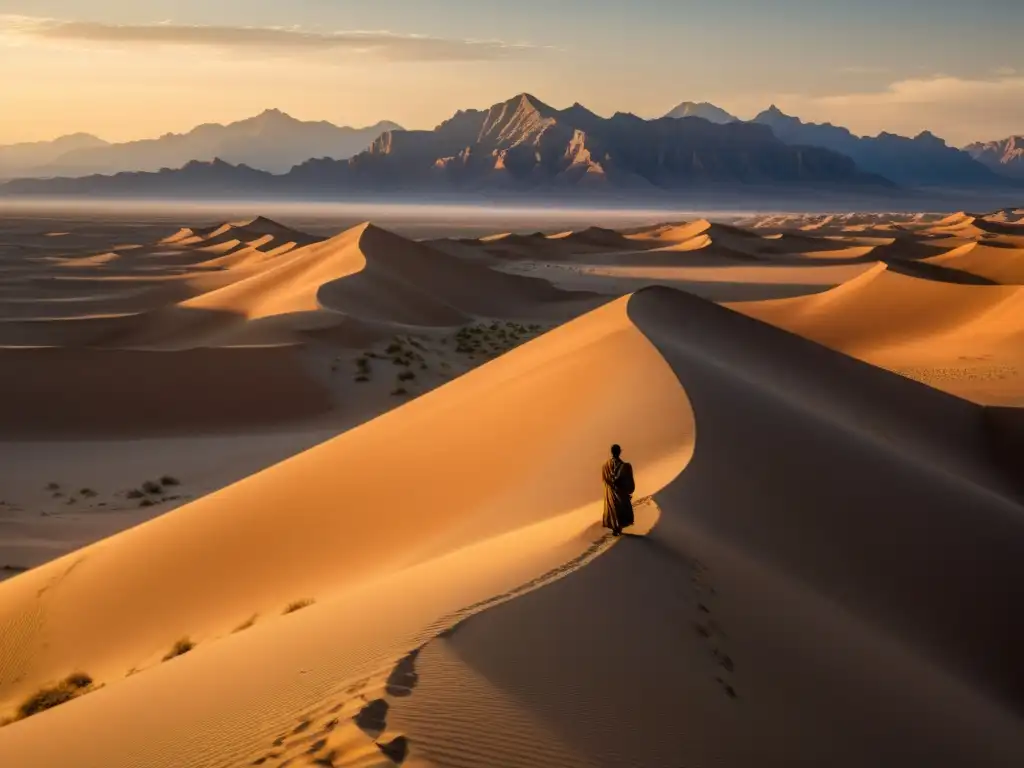 Influencia de la poesía preislámica: Figura solitaria contempla el atardecer en un paisaje desértico dorado bajo un cielo crepuscular